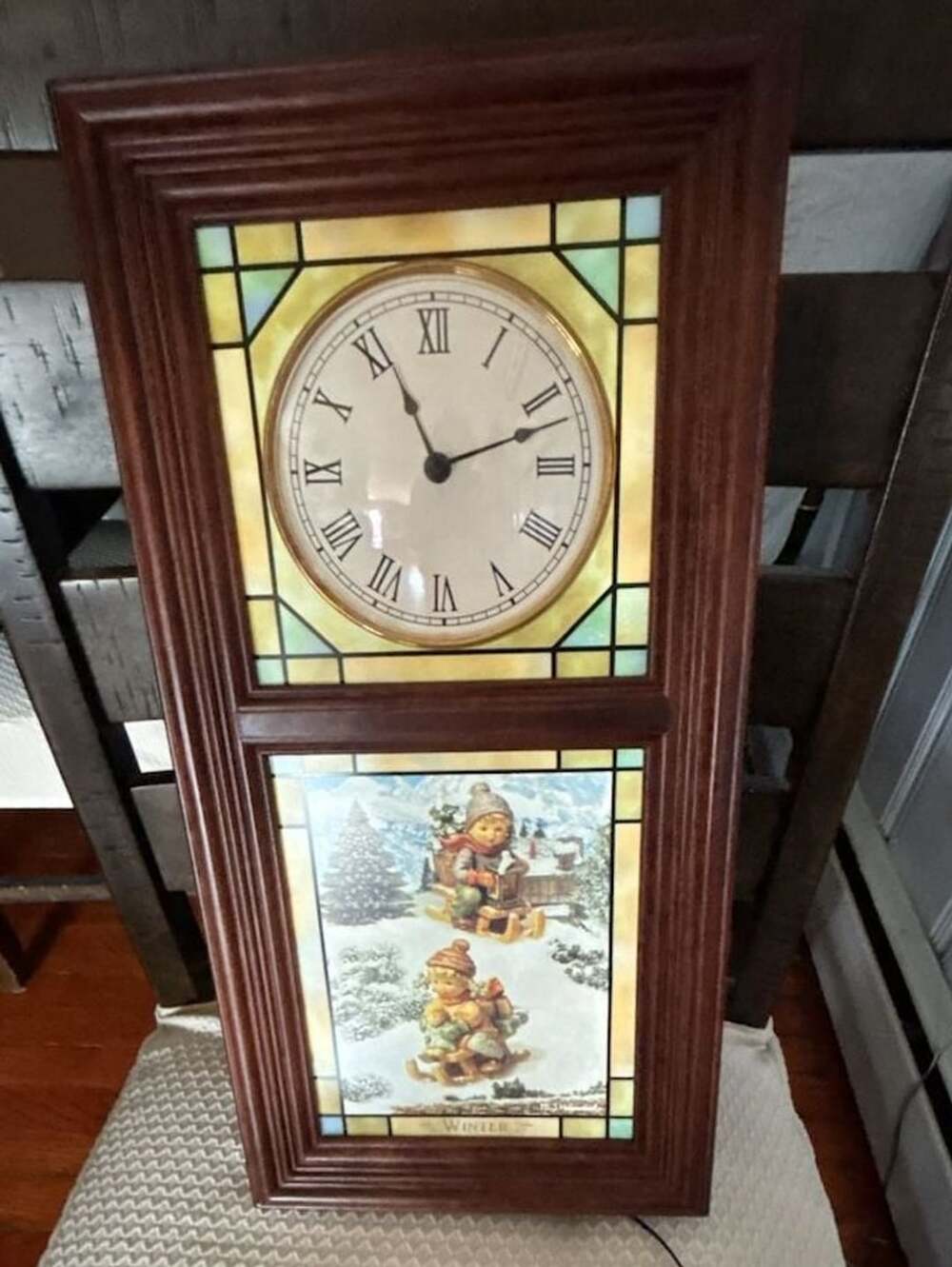 The Danbury Mint M.J. Hummel Winter Stained Glass Lighted Wall Clock